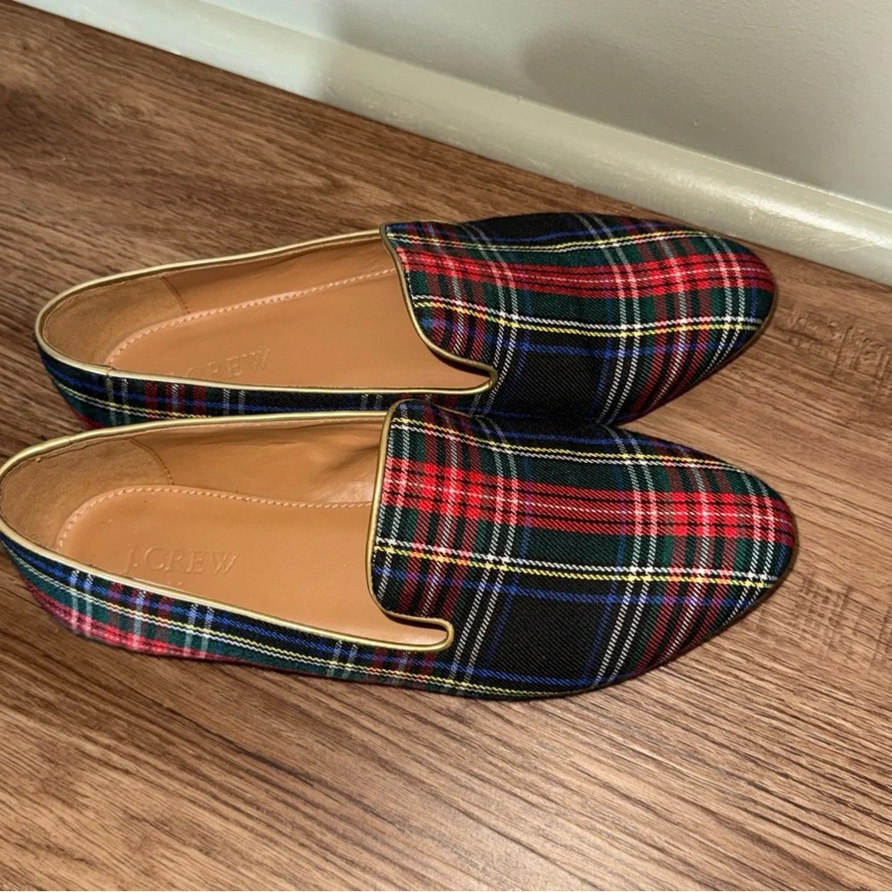 J.Crew Factory Womens Holiday Tartan Plaid Print Smoking Loafers Gold Trim S-7